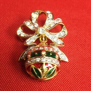 HM Christmas Ornament Brooch Gold Toned Bow Clear Rhinestones Red Green Enamel